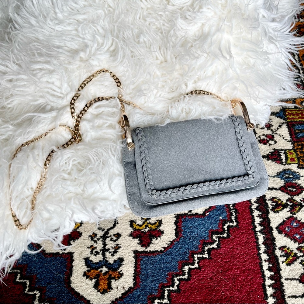 Gray suede purse with gold chain